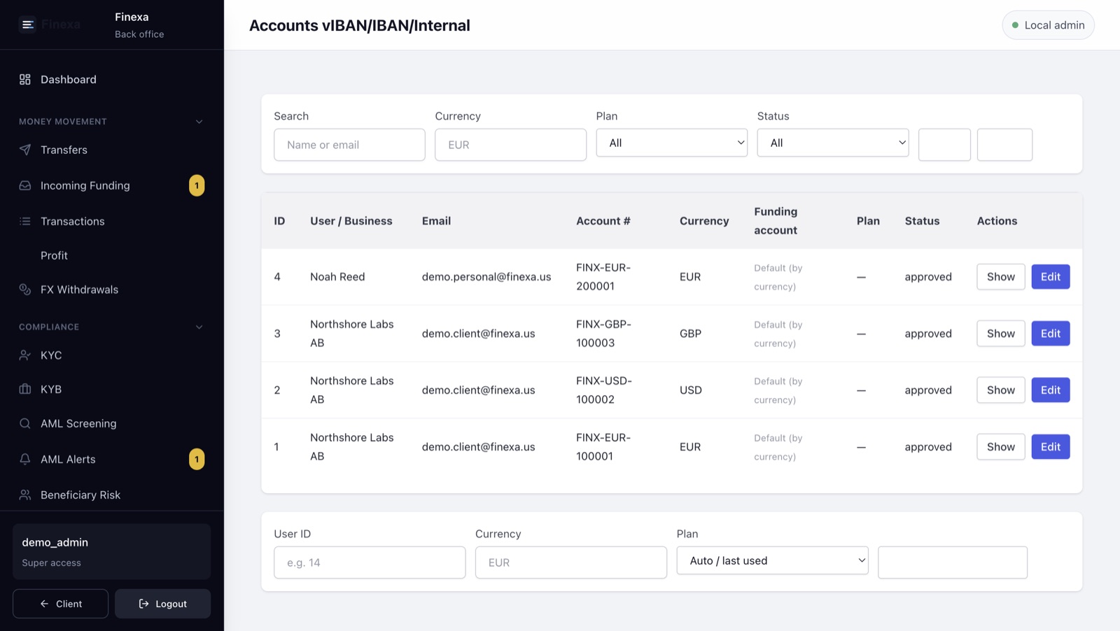 Finexa account administration table with EUR GBP and USD account numbers