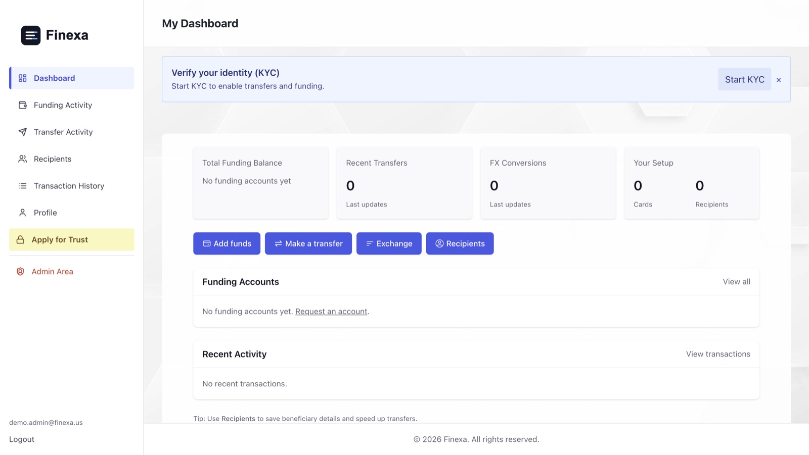 Finexa client dashboard with funding, transfer, exchange, and recipient actions