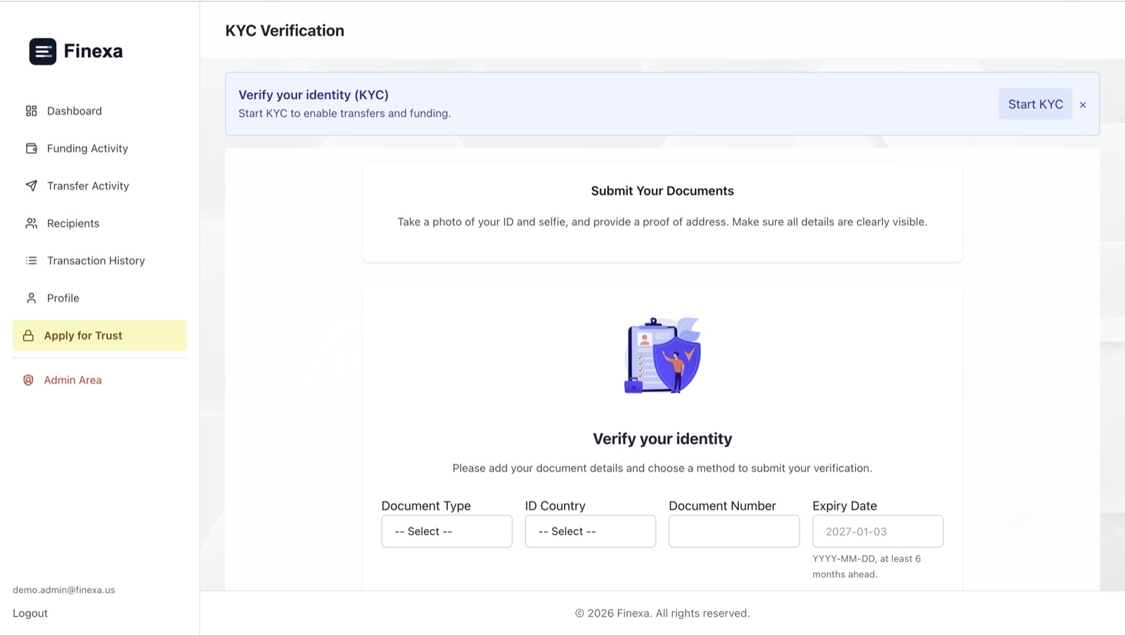 Finexa client KYC verification page with document submission fields
