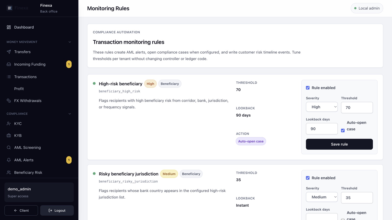 Finexa monitoring rules screen with beneficiary risk thresholds and auto-open case controls